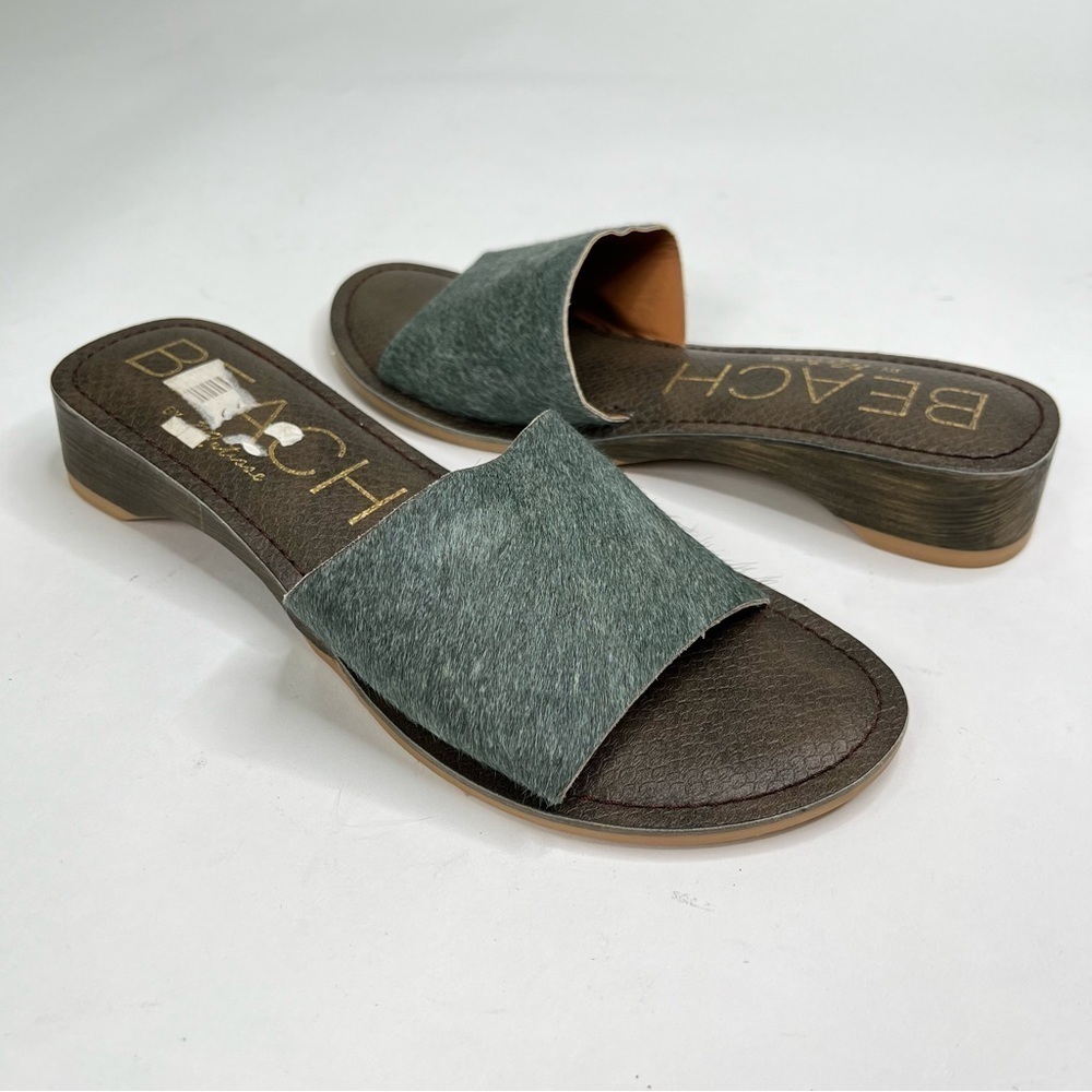 NEW BEACH by Matisse Havana Hunter Green Dyed Cow Fur Leather Flat Slide Sandals